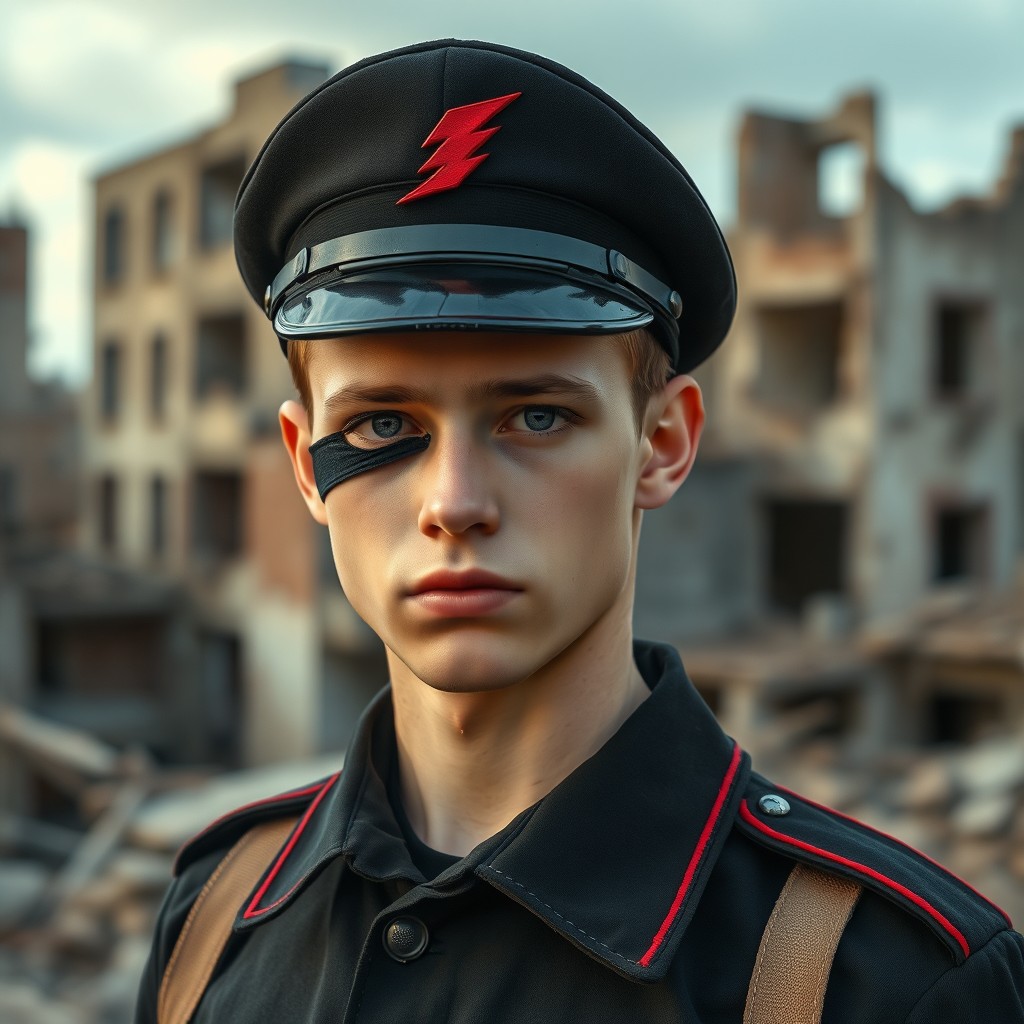A young man aged 18-19 is standing against a backdrop of ruined buildings