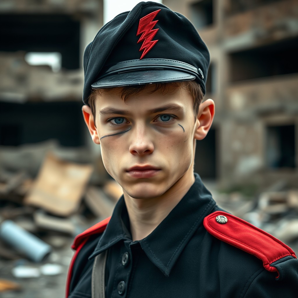 An 18-19 year old young man standing against a backdrop of ruined buildings, focused on his upper body