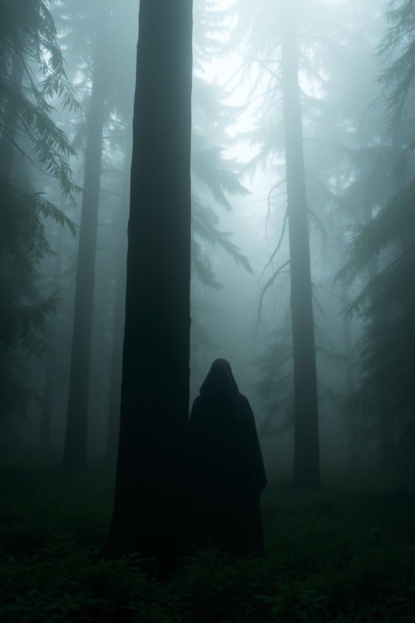 A solitary figure stands in a misty forest, partially hidden behind a tree