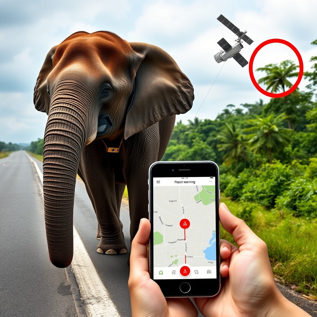 An elephant standing next to a main road, with a lush jungle visible behind it
