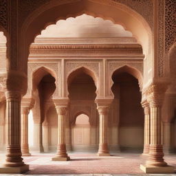 Imposing architectural scene featuring back arches, pillars, and a striking yarn ball logo, all adorned with intricate Mughal sculptures