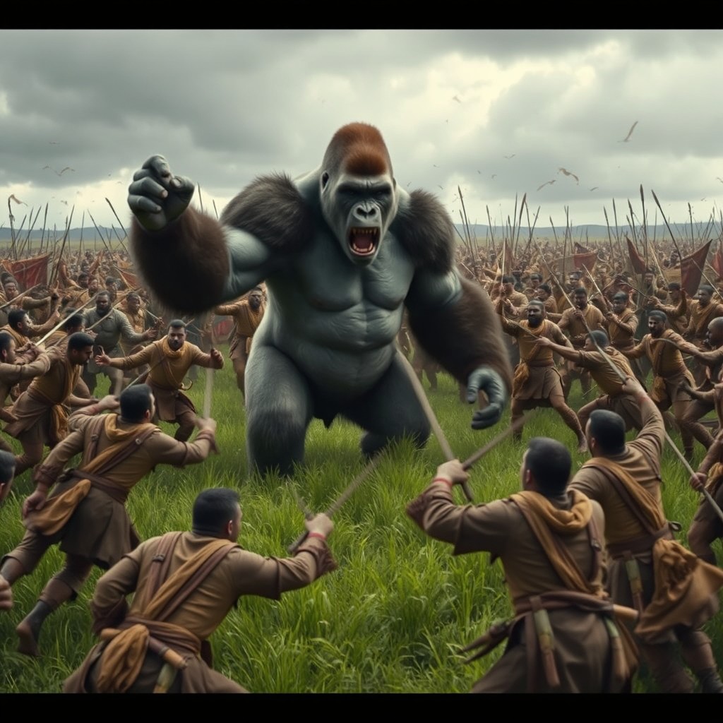 A dramatic scene depicting a silverback gorilla engaging in a fierce battle against 100 men in an open field