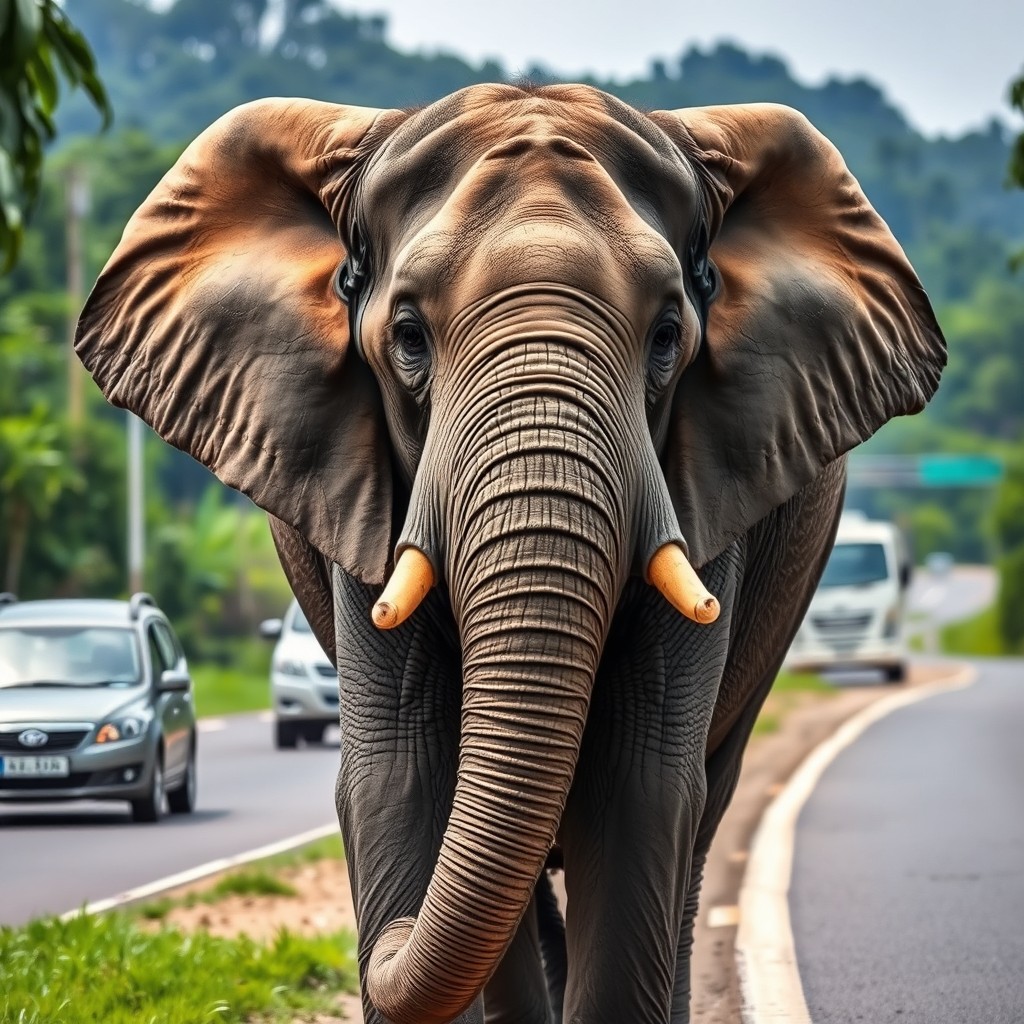 A majestic elephant standing next to a busy main road, its thick, gray skin contrasted against the vibrant green jungle in the background