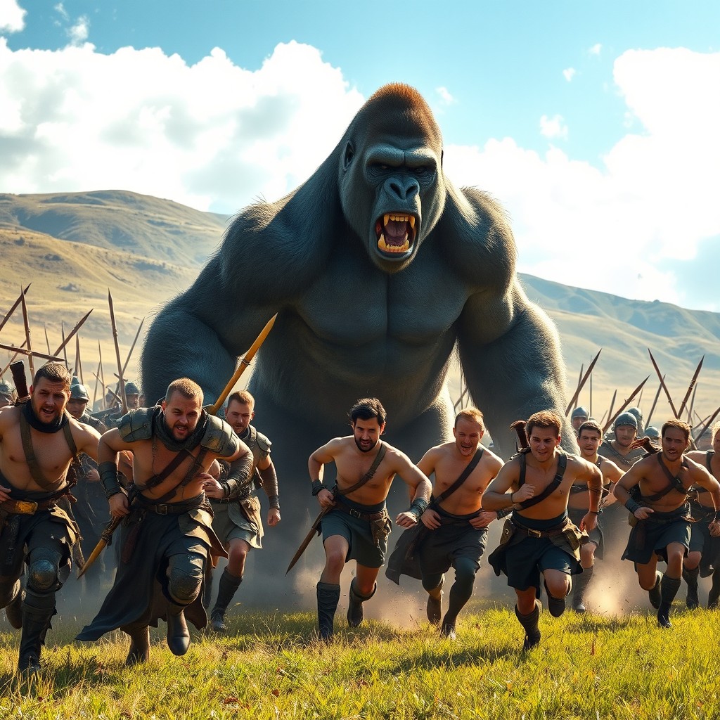 A dramatic open field scene featuring a massive silverback gorilla in an aggressive stance, showcasing its strength and size, surrounded by a group of 100 men dressed in diverse fighting gear, including medieval armor, modern tactical outfits, and bare-chested warriors