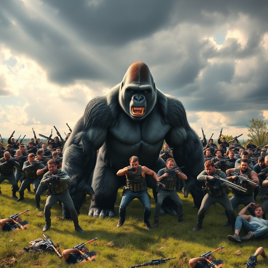 An epic scene depicting a massive silverback gorilla in a fierce stance, standing against a backdrop of an open field