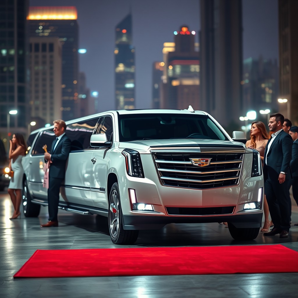 A luxurious Cadillac Escalade limousine positioned elegantly in an upscale urban setting, showcasing its sleek design and premium features