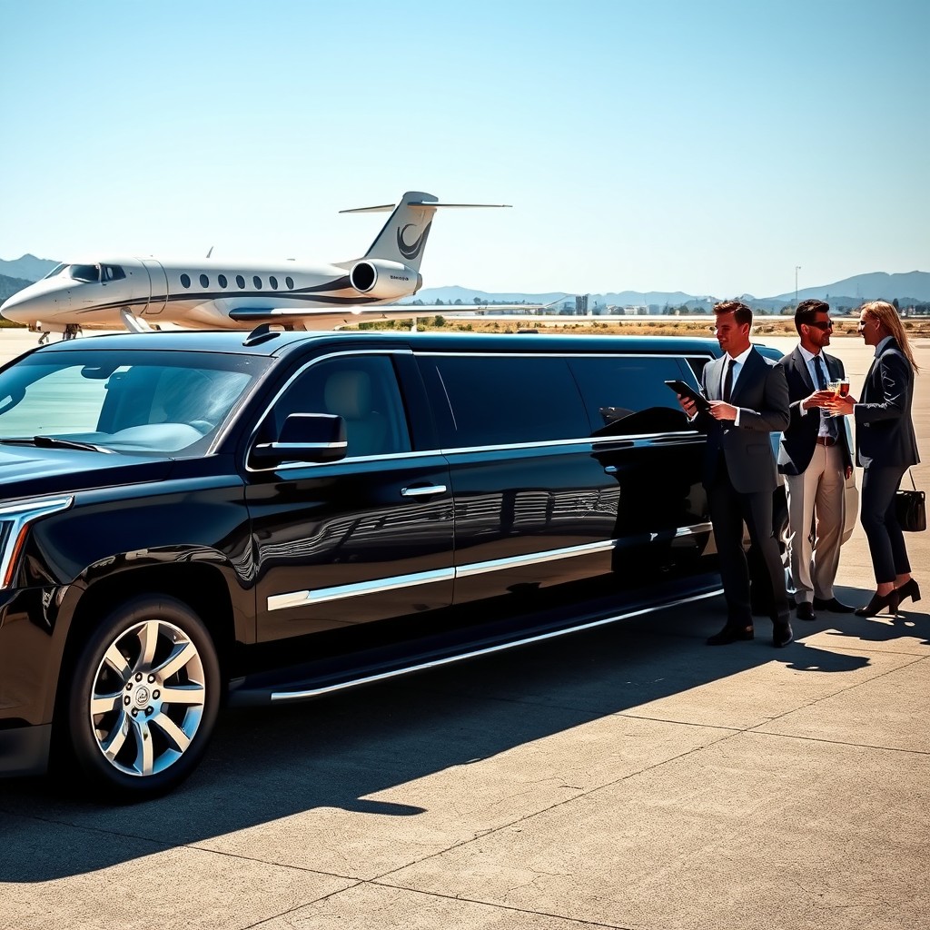 A luxurious Cadillac Escalade limousine parked at a private airport, showcasing its elegant design and premium features