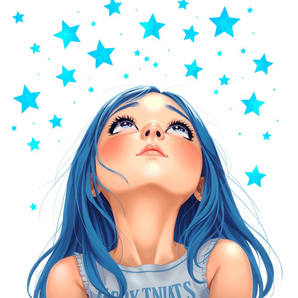 A girl with beautiful blue hair gazing up at a sky filled with stunning blue stars against a soft white background, evoking a dreamy and whimsical atmosphere