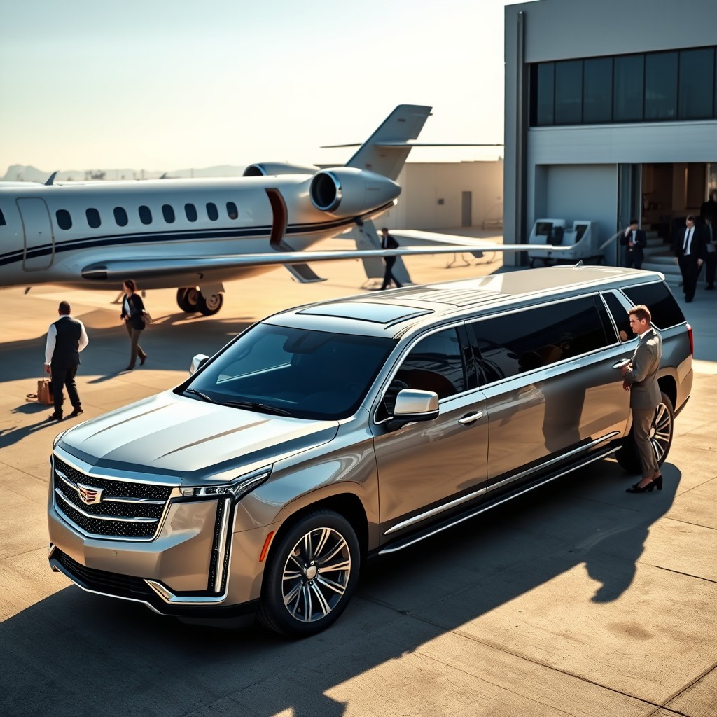 A 2025 Cadillac Escalade limousine parked majestically at a private airport, showcasing its modern and sleek design