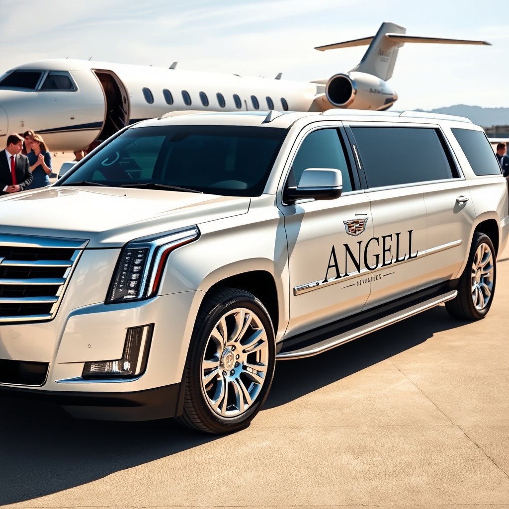 A stunning 2025 Cadillac Escalade limousine parked at a private airport, featuring a prominent and stylish display of the name 'ANGEL' paired with an elegant logo strategically placed on the side of the vehicle
