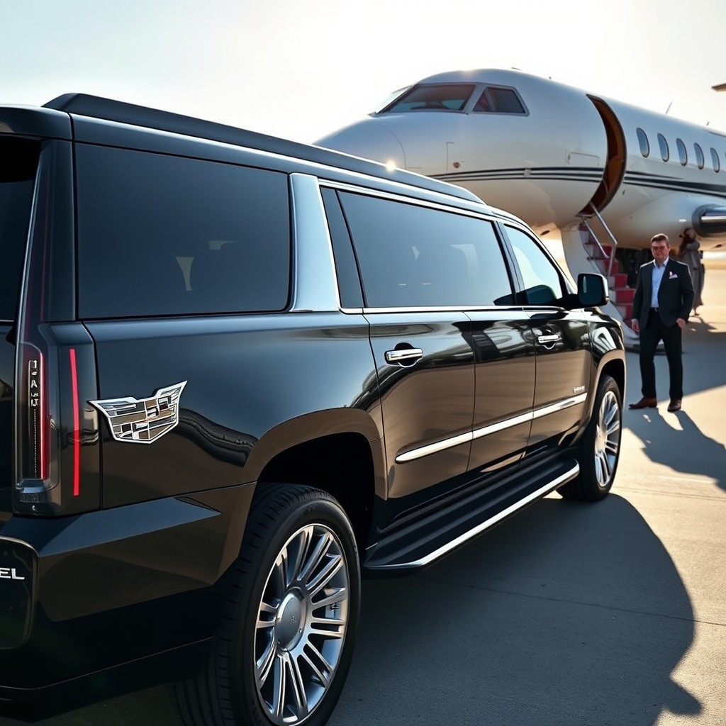 A striking black 2025 Cadillac Escalade limousine parked at a private airport, showcasing the name 'ANGEL' elegantly displayed on the side of the vehicle in a stylish font