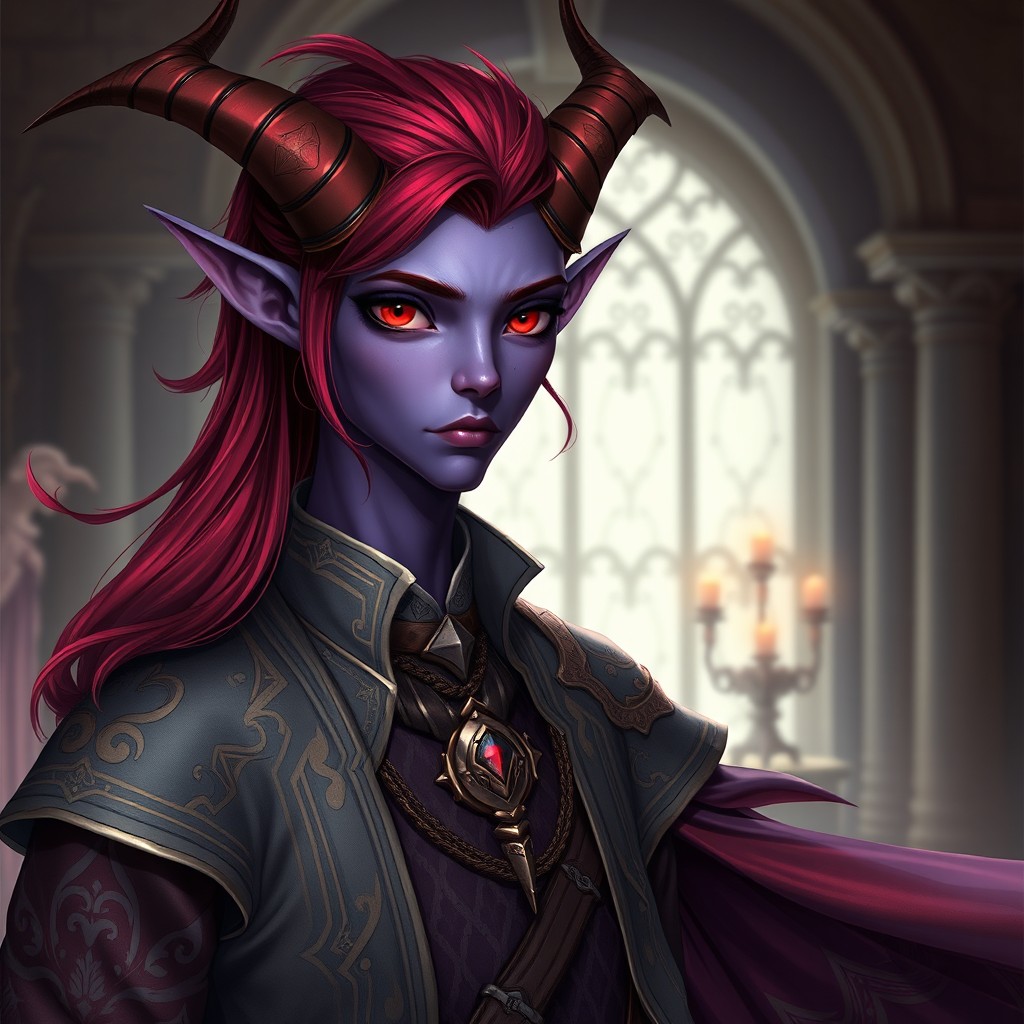 A majestic tiefling character with striking red eyes and vibrant red hair, showcasing a smooth purple skin tone
