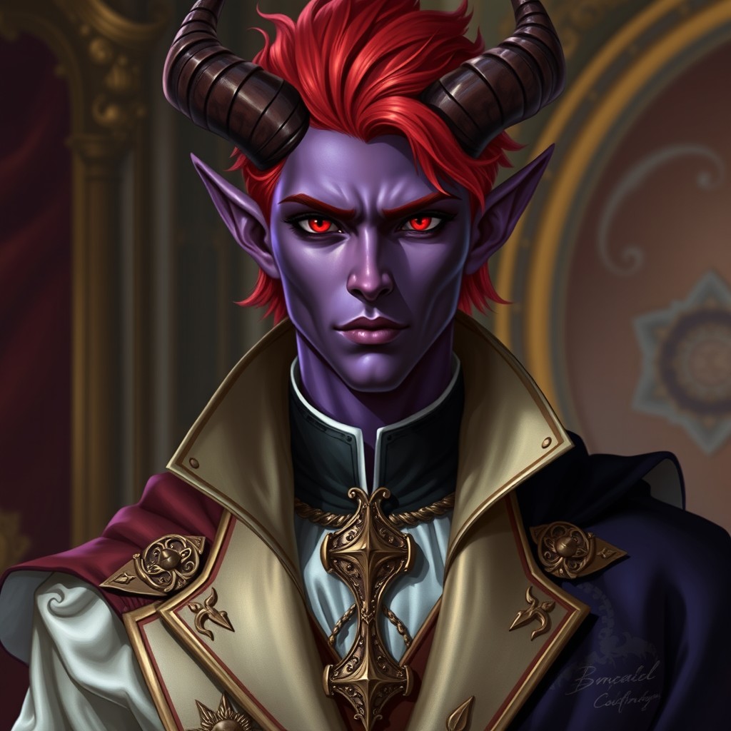 A male tiefling character with captivating red eyes and fiery red hair, showcasing a rich purple skin tone