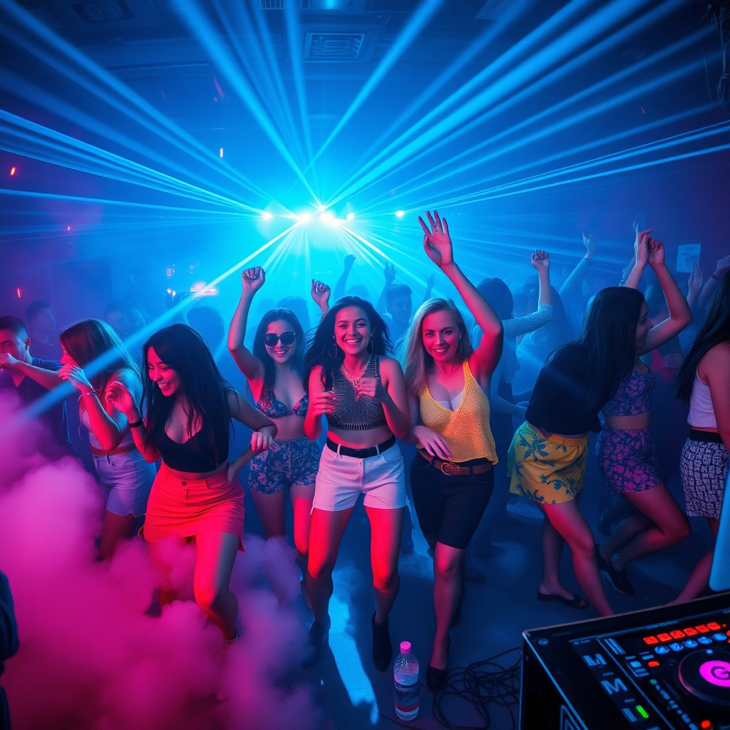 A vibrant scene of energetic young women dancing at a techno party, surrounded by an electrifying atmosphere filled with blue laser lights cutting through the haze of fog