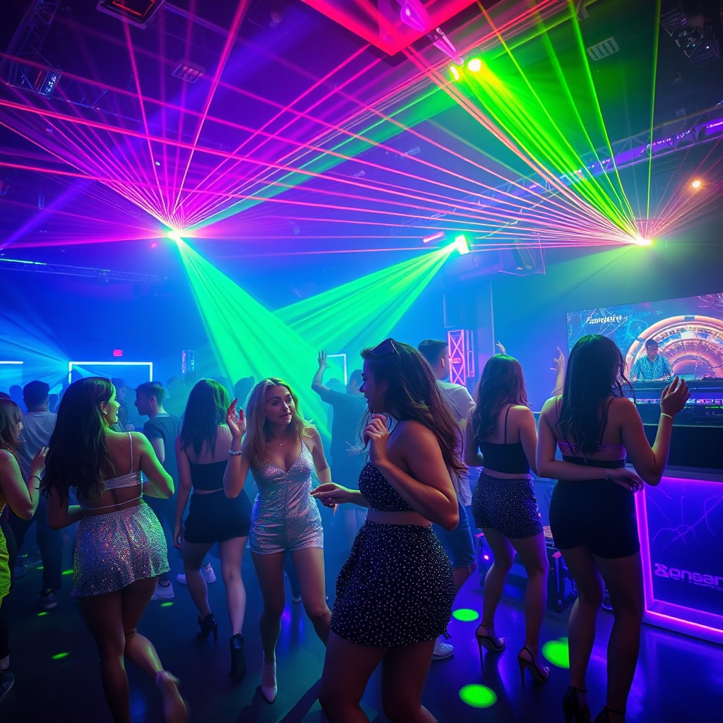 A vibrant techno party scene with several girls energetically dancing under a dazzling display of colorful laser lights