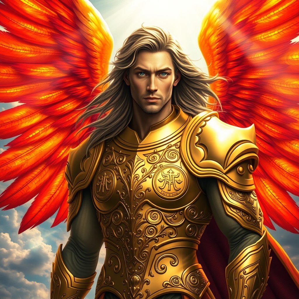 A magnificent male archangel, with stunning, majestic fiery wings that shimmer and glow with vibrant orange and red hues