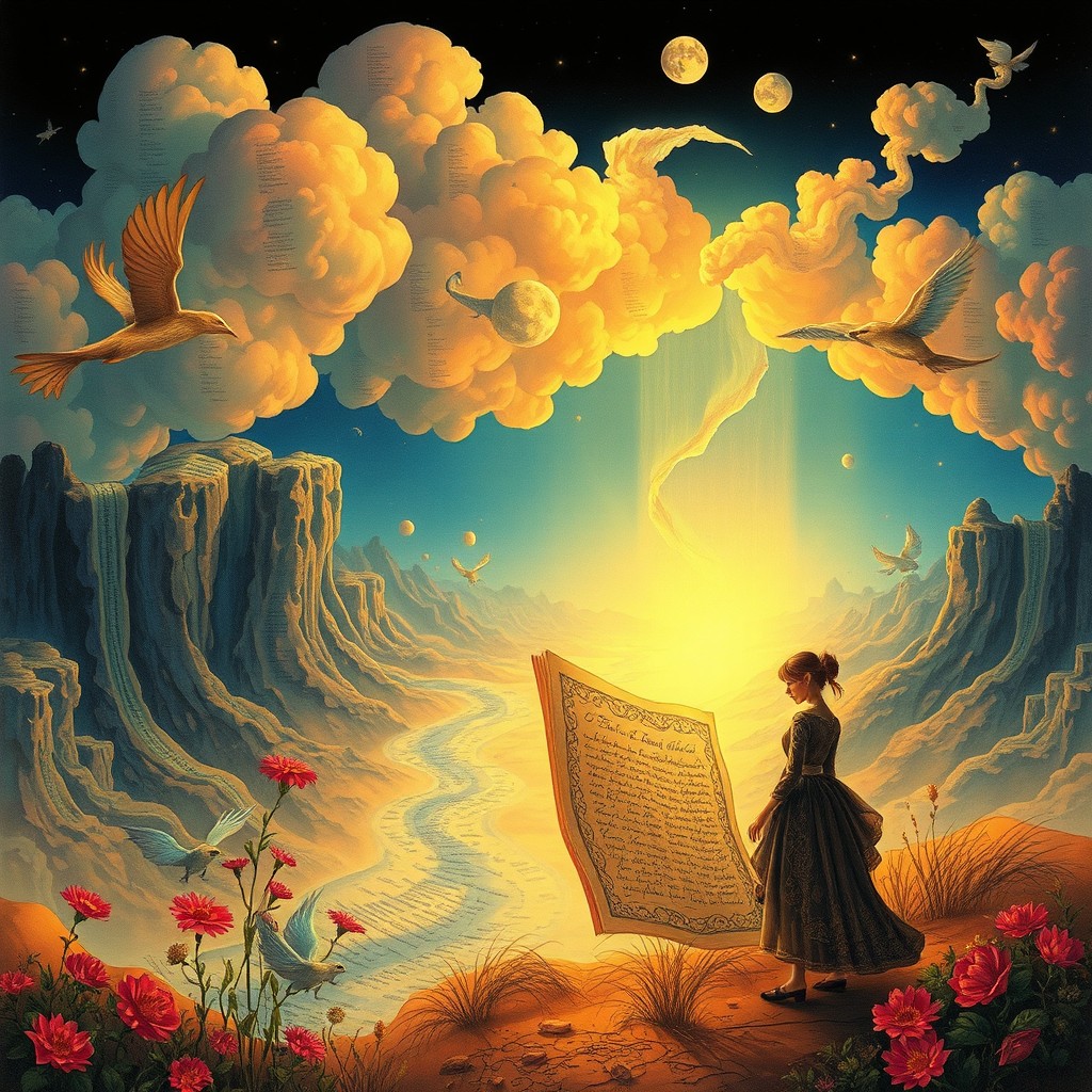 A surreal artwork inspired by the themes of poetry and metaphysical exploration, featuring a mystical landscape with flowing rivers of ink, swirling words, and fragments of verses floating in the air