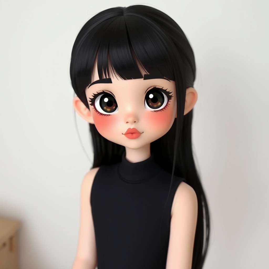 A cute, princess-style girl with fair skin, large black eyes, thick defined eyebrows, and long straight black hair