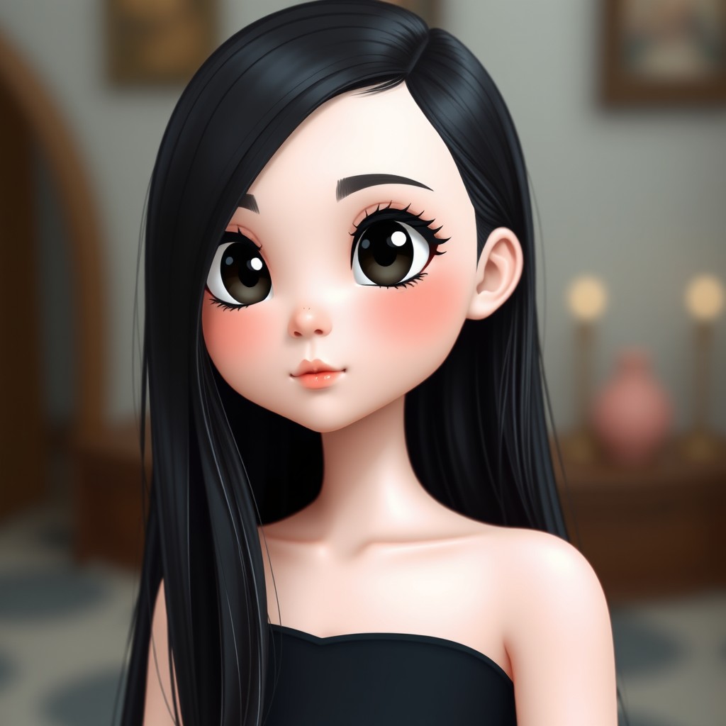 A beautiful girl with fair skin, large black eyes, thick and well-defined eyebrows, and long straight black hair