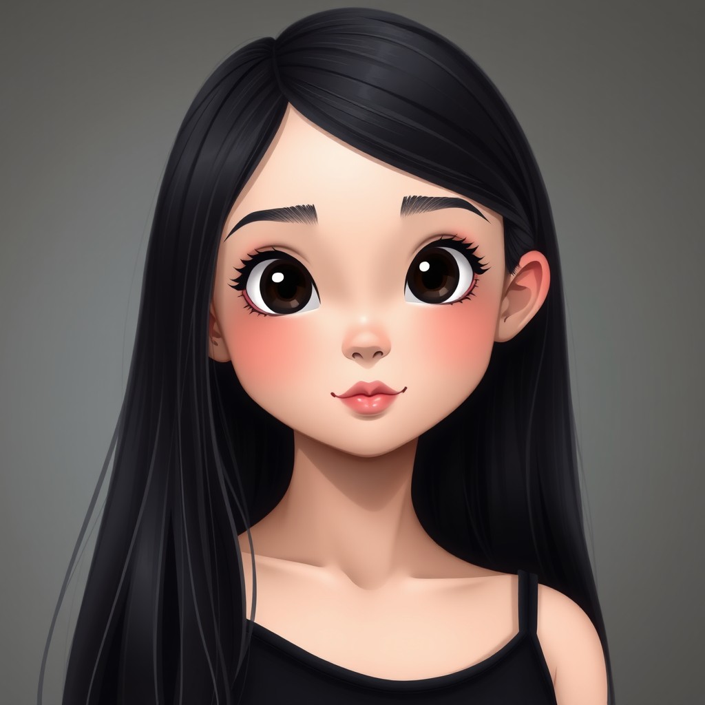 A beautiful girl with fair skin, large black eyes, thick and defined eyebrows, long straight black hair, and a triangularly-shaped plump lip with filler
