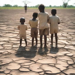 Group of children standing on the cracked earth of a dried-up pond