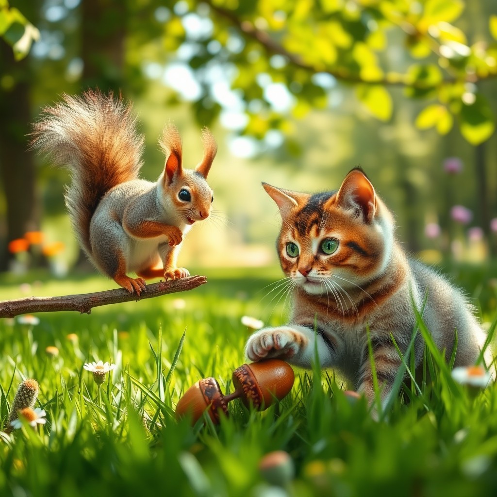 A playful scene featuring a curious squirrel and a friendly cat interacting in a vibrant green park