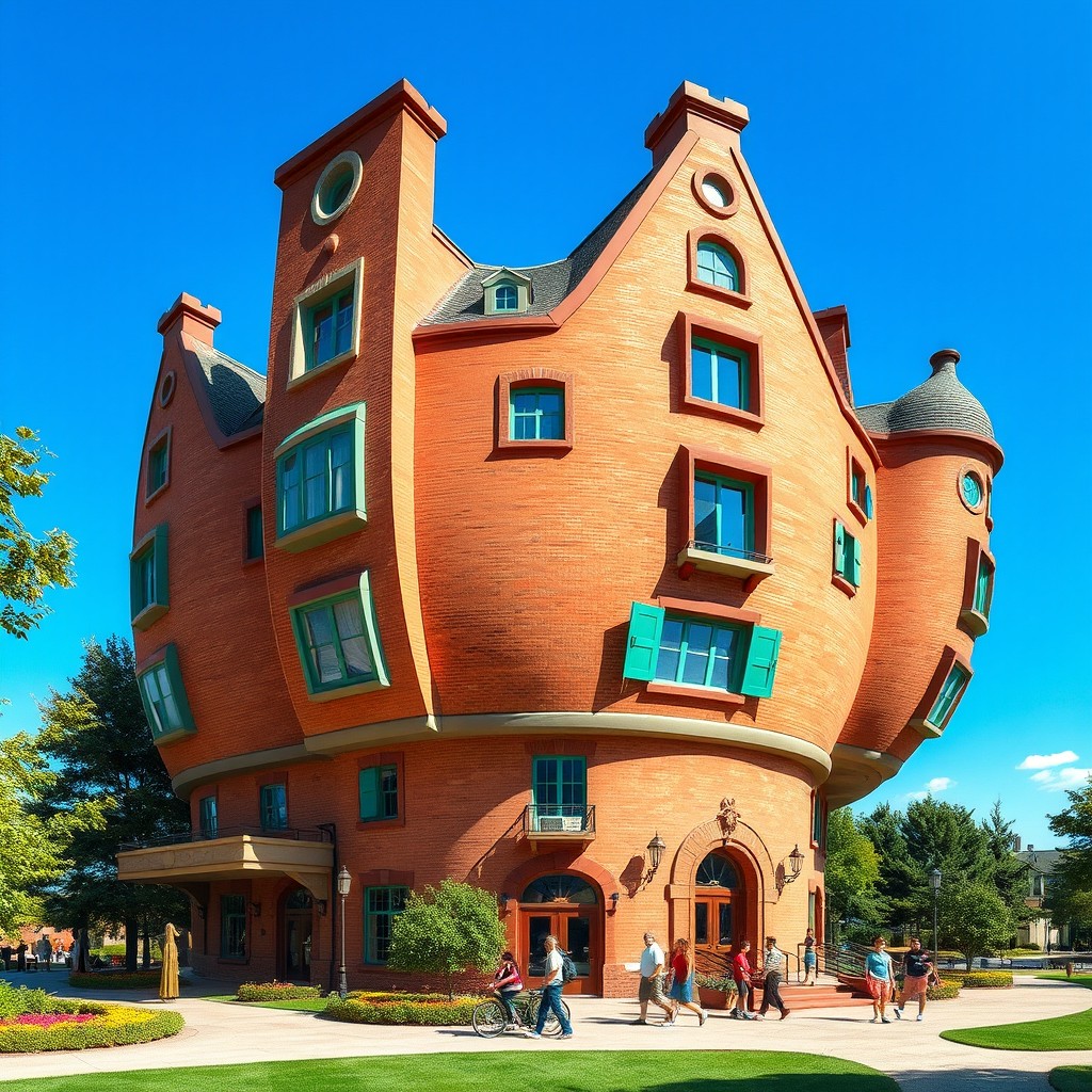 a whimsical building with a huge round belly, bulging sides, and colorful windows, set against a bright blue sky, surrounded by green trees and a vibrant park, featuring playful architectural details and a red-brick exterior, with people walking around admiring the architecture