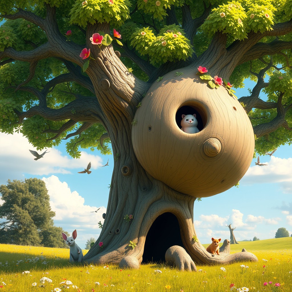 a fantastical tree with a huge round belly, its trunk wide and curvy, adorned with lush green leaves and vibrant flowers, set in a sunny meadow with a clear blue sky, whimsical details like smiling faces in the bark and playful animals peeking out, creating a magical and inviting atmosphere