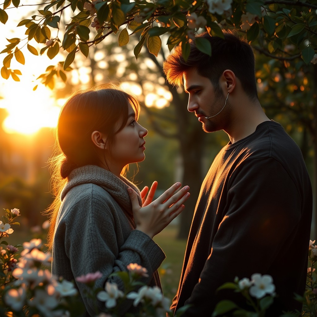 A touching and emotional scene depicting two people immersed in a deep conversation, surrounded by a serene park setting filled with blooming flowers and lush greenery