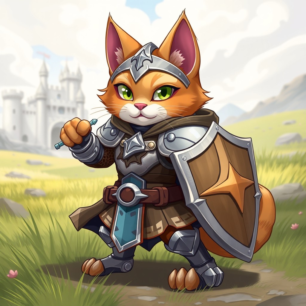 A full-body character design of a cat knight in a stylish game art style
