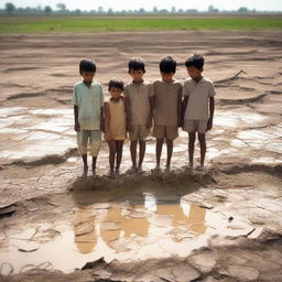 Group of children standing on the cracked earth of a dried-up pond