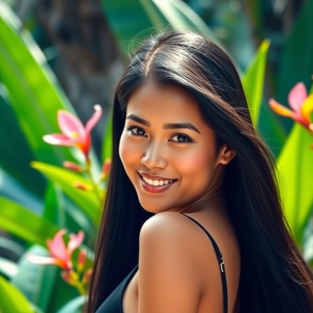 A stunning Indonesian woman exuding beauty and confidence, wearing a stylish modern outfit that accentuates her figure