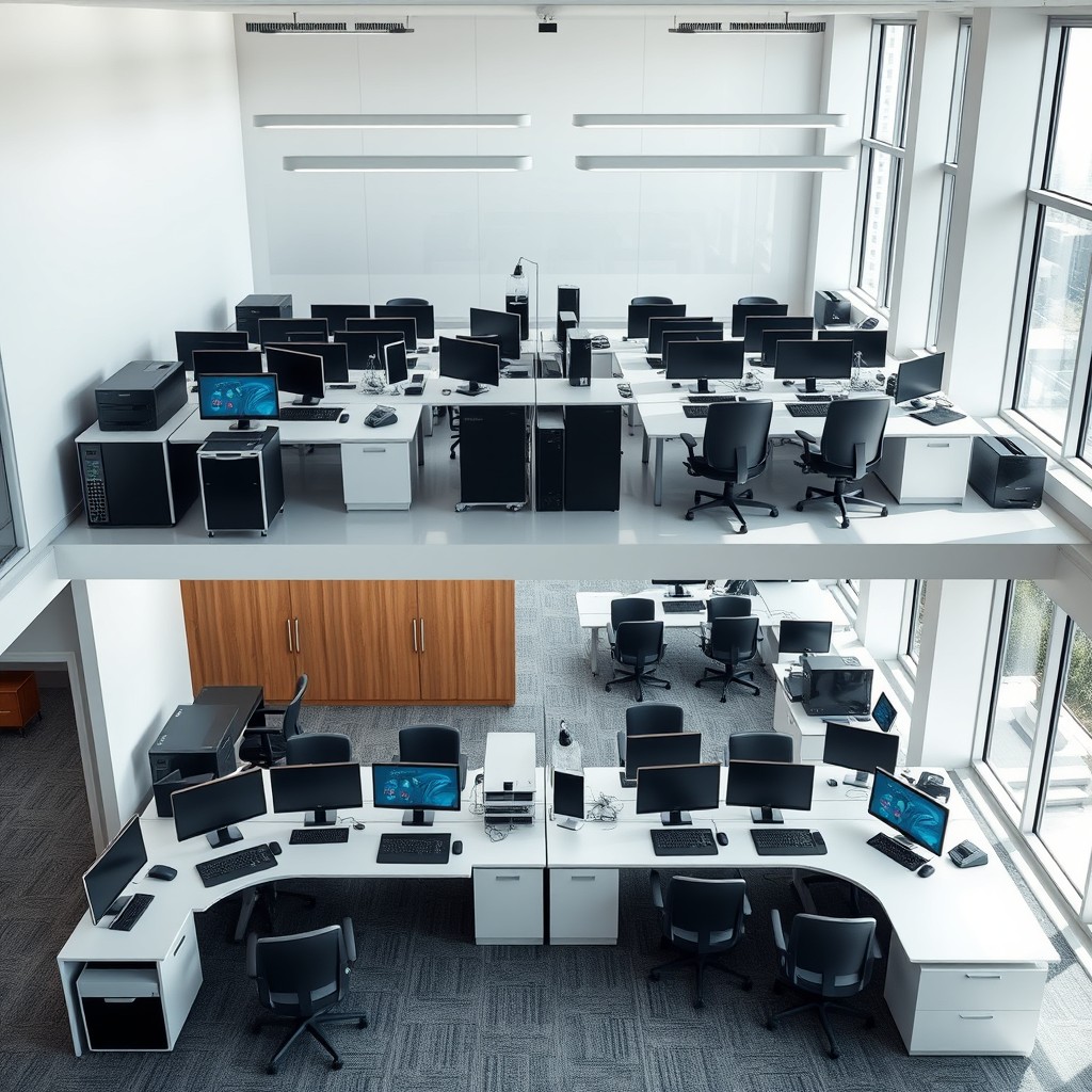 A modern office building with a sleek design, showcasing two floors divided for employees and managers