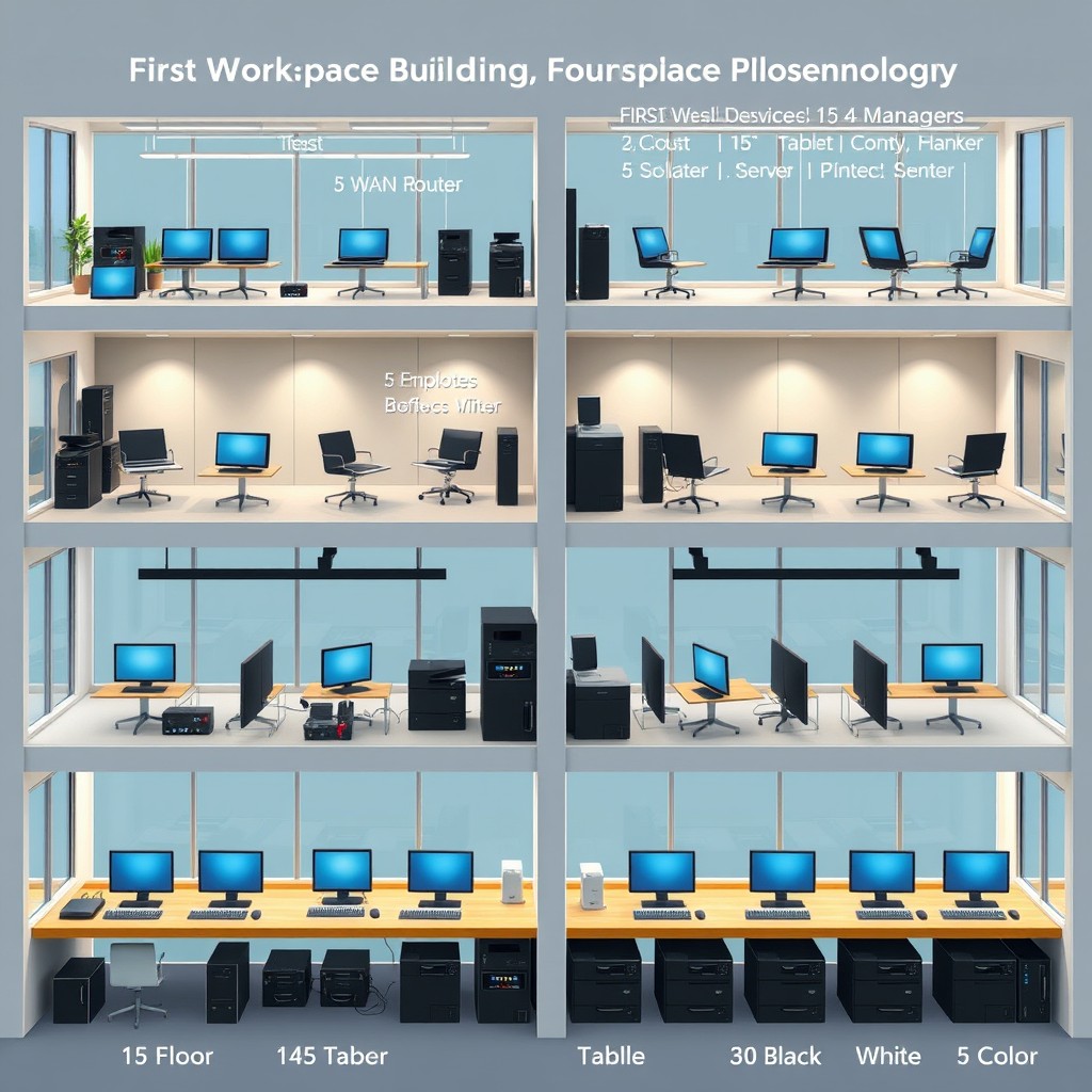 A visual representation of a four-story office building, showcasing modern workplace technology