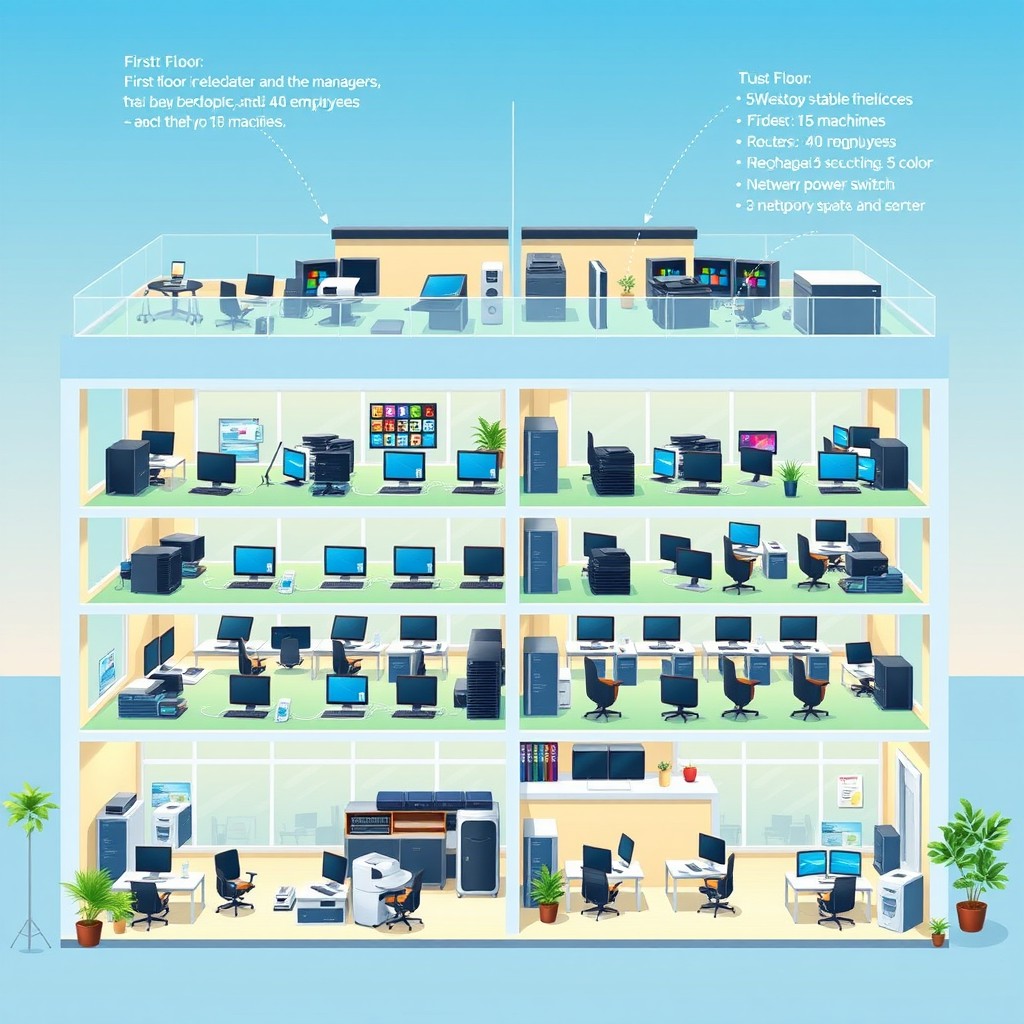 A detailed illustration of a four-story office building with a modern design, showcasing a high-tech environment filled with various computer equipment