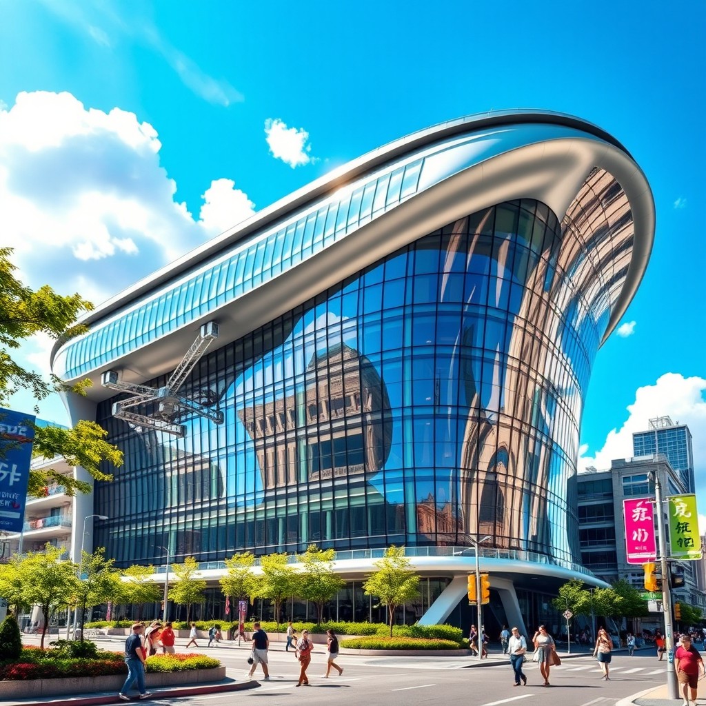 A bulging modern building with a unique warped design, showcasing exaggerated curves and rounded corners that give an impression of swelling