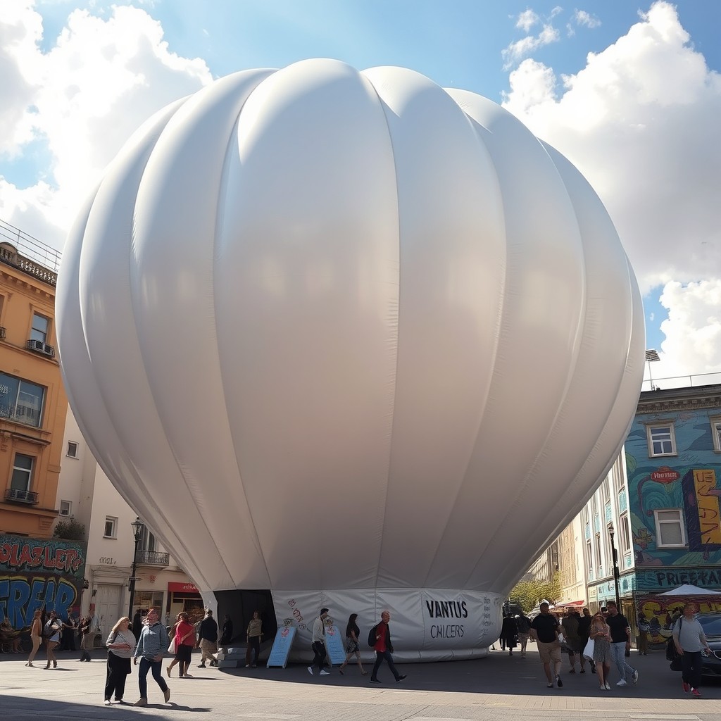An inflated building resembling a balloon-like structure, with a glossy, rounded exterior and soft, billowy sides that create an illusion of airiness