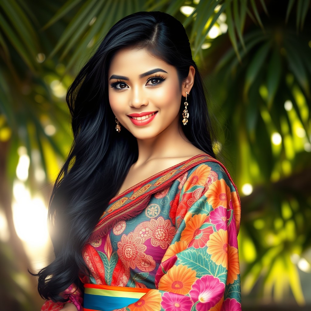 A beautiful Indonesian woman showcasing elegance and allure, standing confidently in a vibrant traditional outfit that highlights her cultural heritage