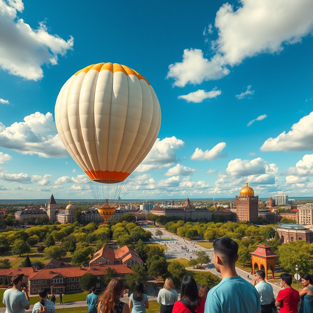 A surreal scene featuring a gigantic, inflated building that resembles a balloon, soaring above a vibrant cityscape