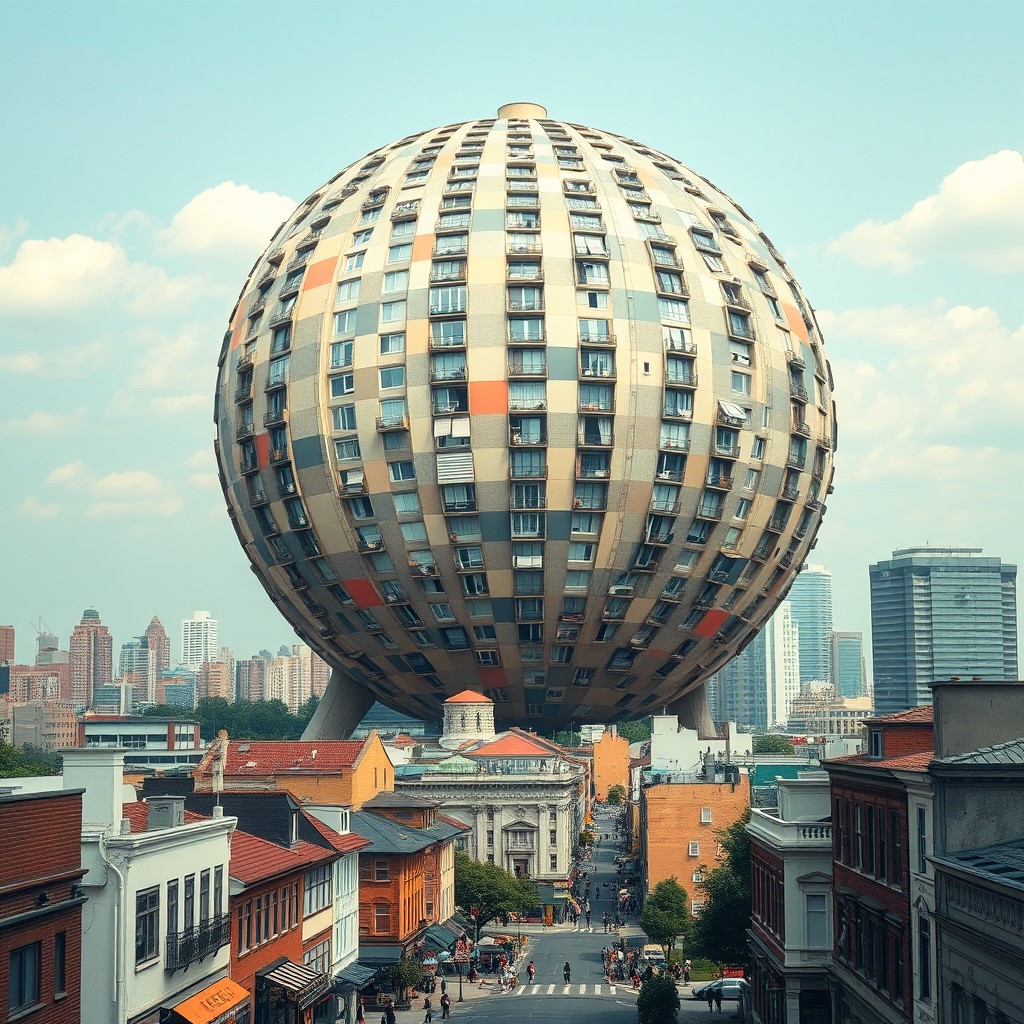 A striking image of a colossal building bulging larger than an entire city, dominating the skyline with its exaggerated size and unique architectural design