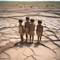 Group of children standing on the cracked earth of a dried-up pond