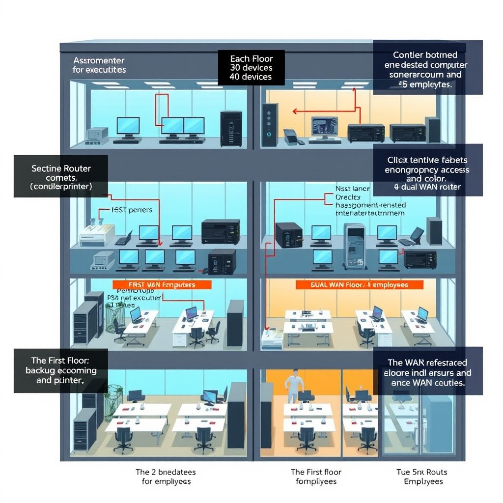 A detailed illustration of a four-story corporate office building, showcasing an advanced network setup