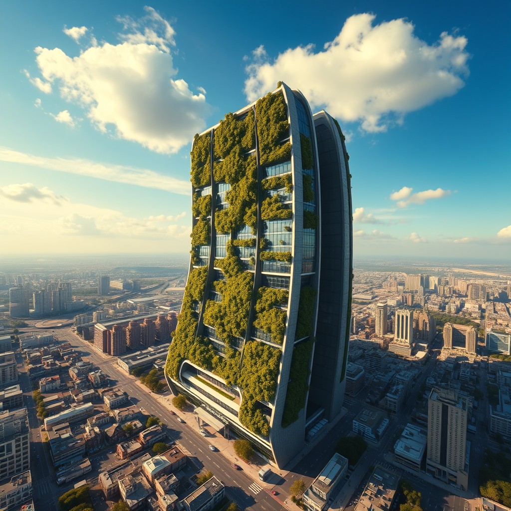 A colossal building that towers over an entire city, exhibiting an exaggerated bulging structure that defies traditional architecture