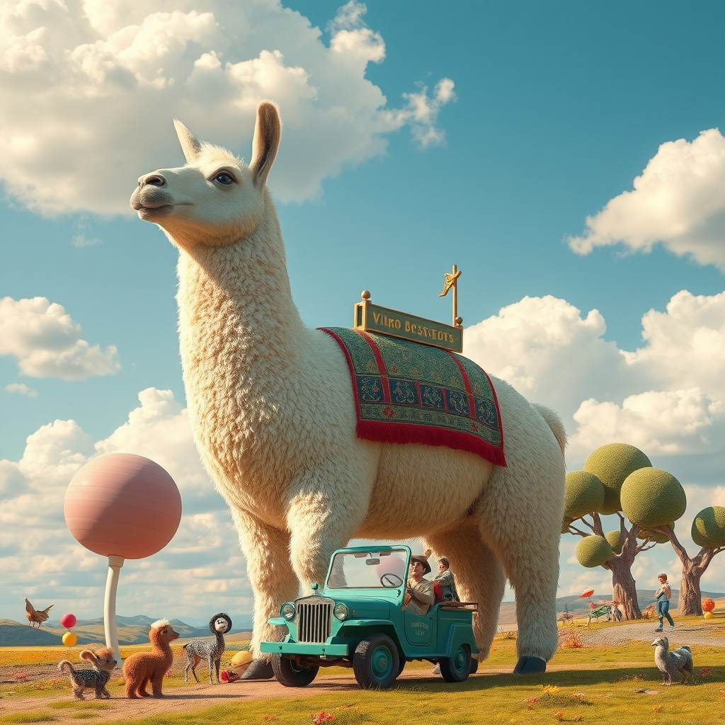 A massive lamo (a type of vehicle or artistic interpretation of a llama) that is absurdly oversized, extending beyond the scale of everyday life