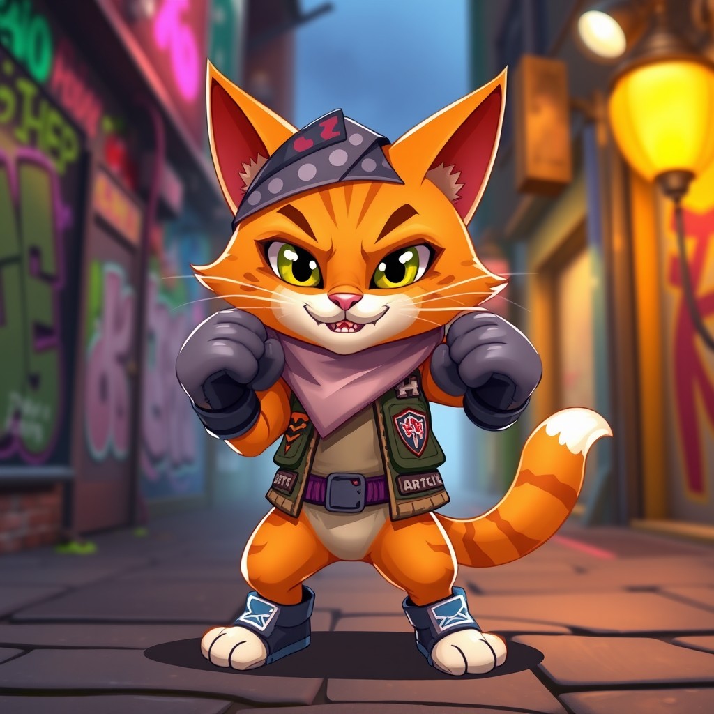 A full-body character design of a cute orange cat dressed in street fight gear, portrayed in a playful game art style