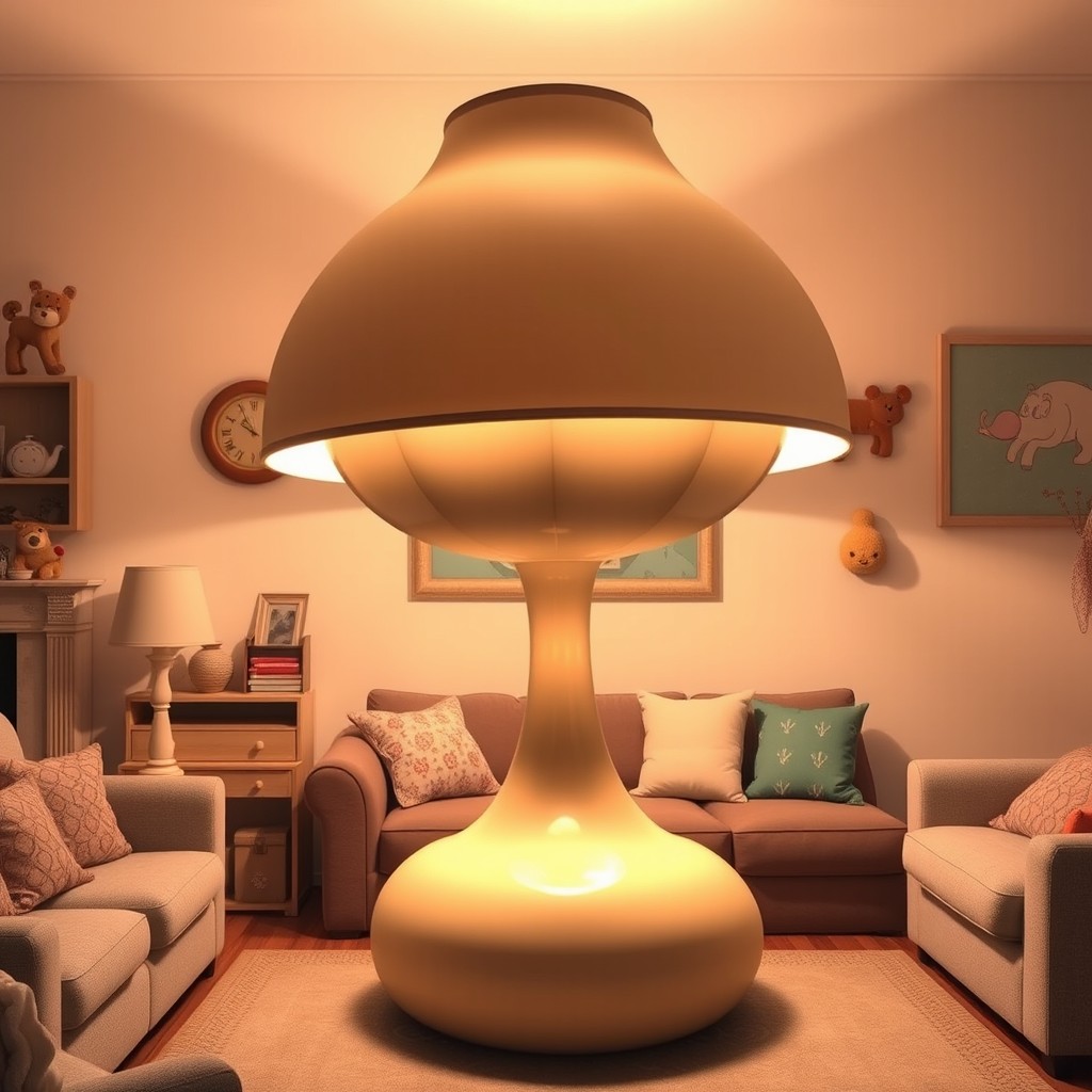 A humorous and whimsical lamp that is comically oversized, bulging in shape, with a wide, exaggerated lampshade and a fantastical base