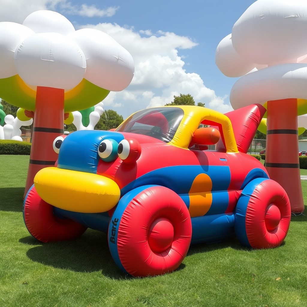 A creatively designed inflated car, resembling a fun and whimsical vehicle, made from inflatable materials that give it a soft, bouncy appearance
