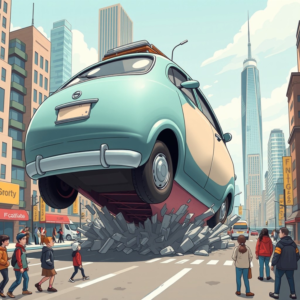 A surreal and imaginative scene of a whimsical car with a cartoonish design, featuring a round, bulging belly that expands dramatically