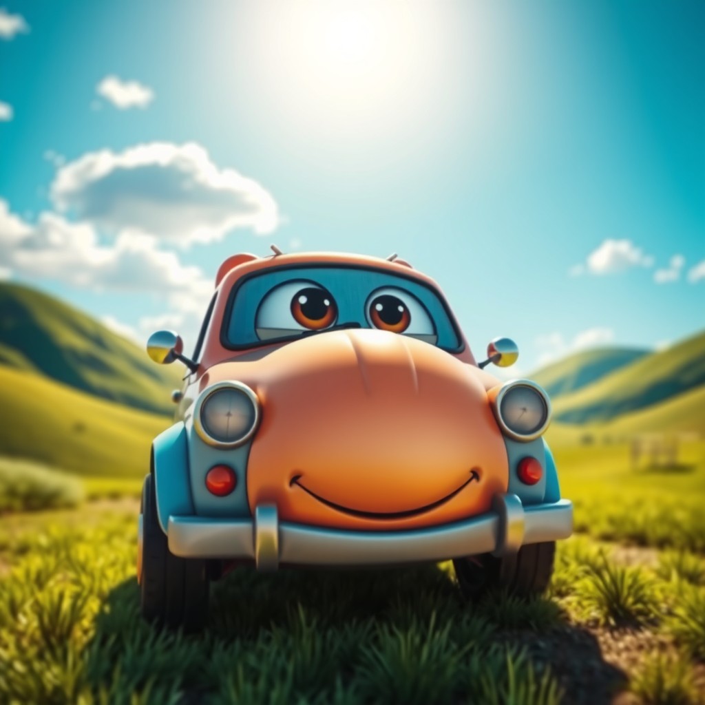 A whimsical and imaginative scene featuring a cartoonish car with an exaggeratedly large belly, resembling a friendly character with vibrant colors