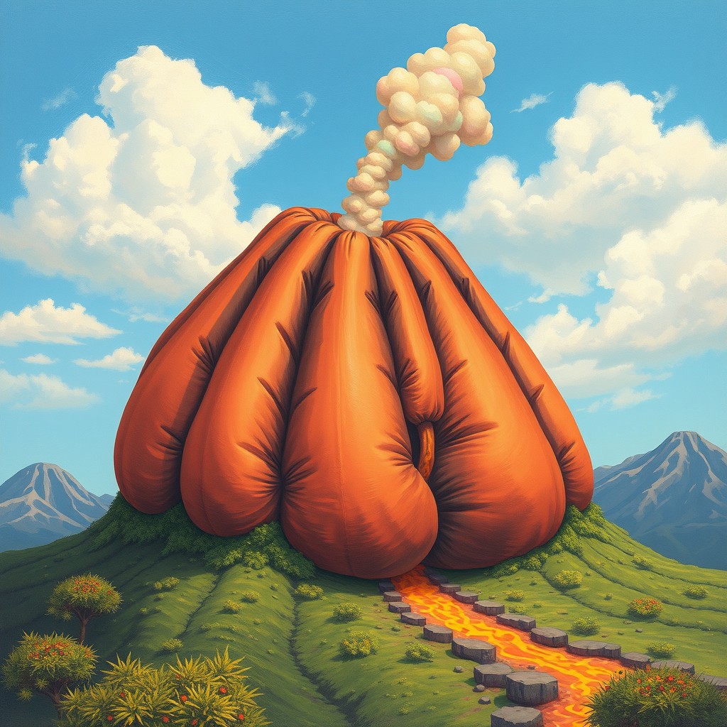 A surreal and fantastical depiction of an inflated volcano, with its sides bulging and vibrant colors like red, orange, and yellow representing molten lava